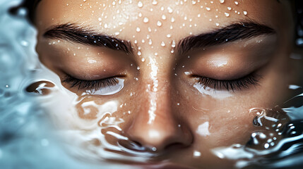 close up of woman face partially submerged in water, eyes closed, with droplets falling and creating ripples, evoking calm and tranquility with copy space 