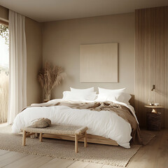 with a beige accent wall, white linens, and natural wood furniture, image size 16:9 