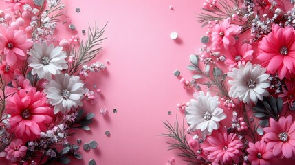 62 Years Anniversary celebrating written on a soft blush pink background, with silver confetti scattered around and delicate hand-drawn floral accents in the corners.