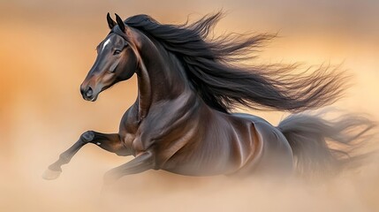 Obraz premium Magnificent Brown Stallion Galloping, Flowing Mane and Tail, Equine Power and Grace, Stock Image