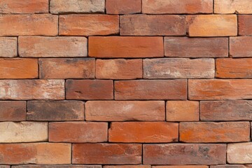 Fototapeta premium classic red brick wall background with deep rough textured surface with patches of worn mortar, vintage industrial background. 
