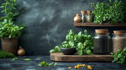 Herbs and spices arranged on a rustic wooden shelf