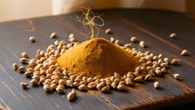 Fresh cumin seeds and a heap of cumin powder on a rustic wooden surface, illuminated by soft, natural light for a cozy atmosphere.