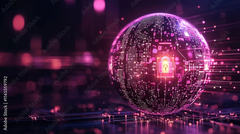Poster a glowing sphere with digital patterns and a lock symbol, symbolizing cybersecurity and data protect