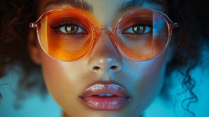 Portrait of a woman in vivid orange and blue lighting