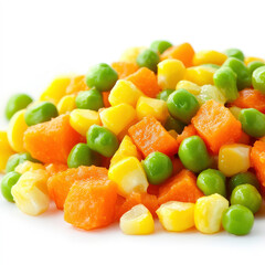 Colorful blend of fresh vegetables including carrots, peas, and corn arranged on a white background for healthy eating and nutrition concepts