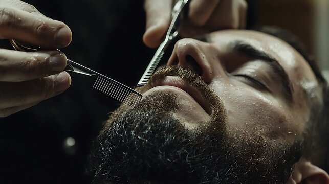 A man is getting his beard trimmed by a barber