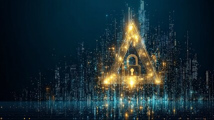 Digital representation of cybersecurity with a glowing lock symbol within a triangular shape, set against a dark, data-driven background.
