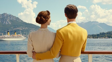 Fototapeta premium Romantic Couple Embracing on a Balcony Overlooking a Scenic Lake