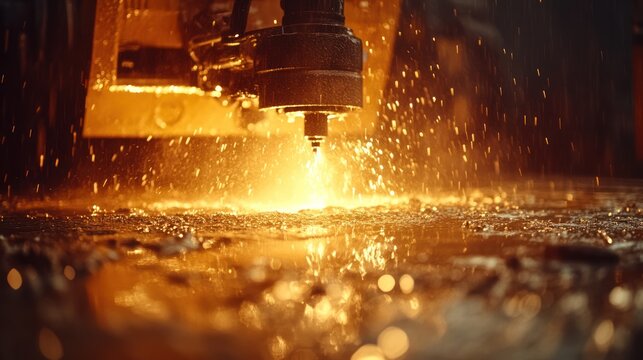 Industrial waterjet cutting machine in action.