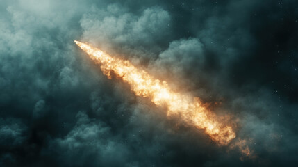 Obraz premium Fiery meteor streaking through dense clouds in a night sky