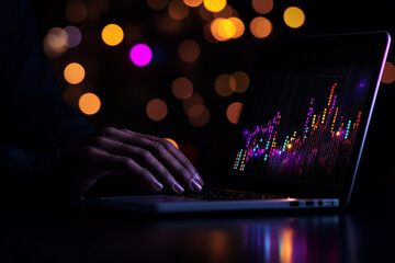 businessman working on laptop, analyzing colorful data charts in dark environment with blurred lights. scene conveys focus and modern technology