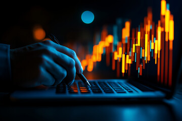 Close up of man hand using laptop with financial graphs displayed. vibrant colors of charts contrast against dark background, creating dynamic atmosphere