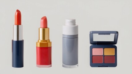 Obraz premium A collection of vibrant lipsticks and eyeshadow palettes displayed against a neutral background, highlighting cosmetic beauty products.