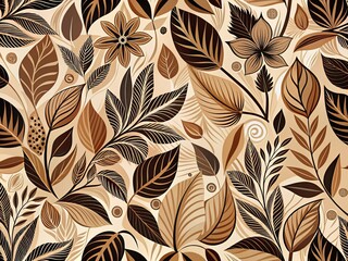 Abstract Beige Floral Pattern with Brown and Black Leaf Designs - Stock Photo