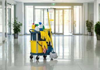 A cleaning cart with cleaning products is located in the center of the brightly lit, modern interior of the building