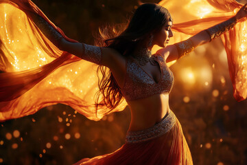 Belly dancer in shimmering costume spinning gracefully with flowing scarves.