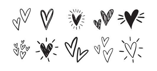 Obraz premium Charming hearts set. Hand Drawn Heart Doodle. Drawing outline hearts Convey Love, Affection And Creativity