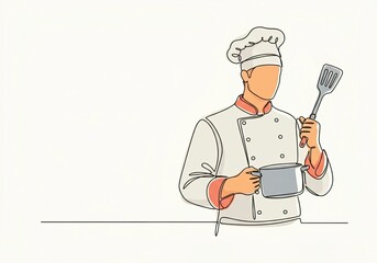 The illustration, drawn in a continuous line art style, depicts a chef wearing a traditional hat and uniform, holding a spatula in one hand and a saucepan in the other