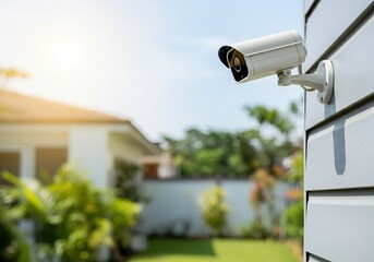 Modern outdoor CCTV camera installed on the outside wall of the house