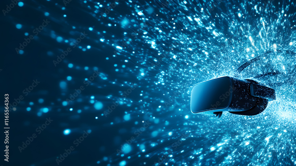 Poster virtual reality headset surrounded by glowing particles in a dark background