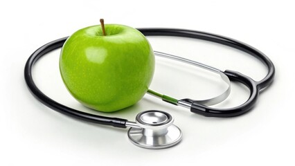 A green apple rests next to a stethoscope, symbolizing the connection between health, nutrition, and wellness.