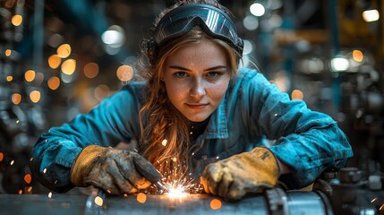 Female Welder Spark, Industrial Worker, Realistic Image