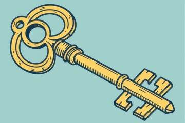 A vintage key illustration featuring an ornate design and a distinct shape, set against a light blue background.