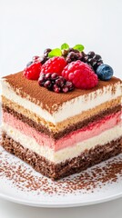 A Delectable Slice of Tiramisu Cake with Vibrant Berries - Layers of Flavorful Delight