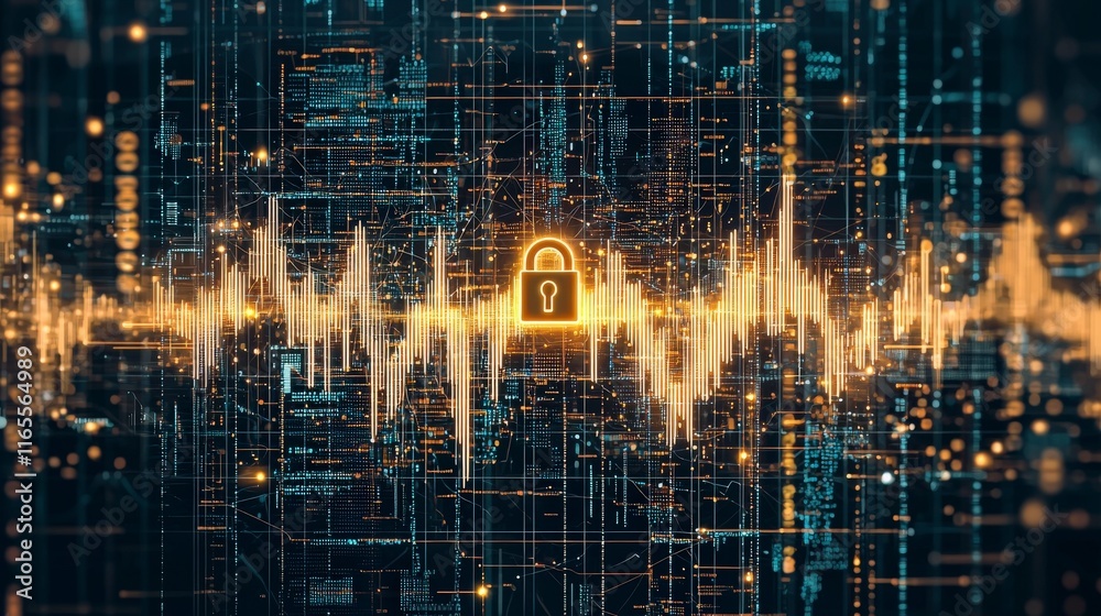Poster digital representation of cybersecurity with a lock symbol integrated into a waveform, symbolizing d