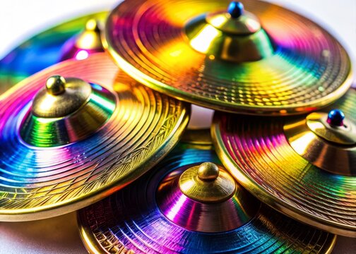 Close-up Macro Shot of Gleaming Finger Cymbals, Intricate Detail, Musical Instrument