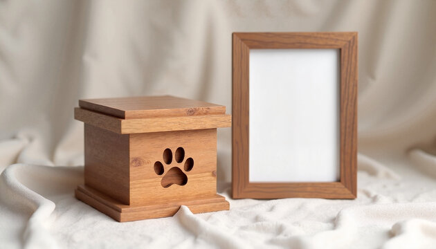 Pet memorial box and frame on soft background
