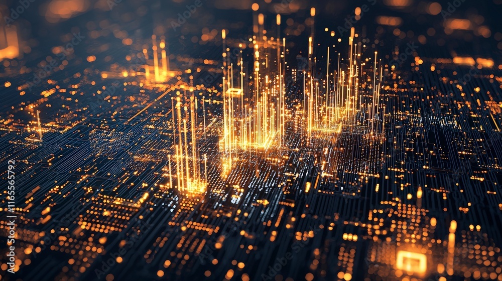 Poster abstract digital landscape with glowing data streams and circuit-like patterns, representing technol