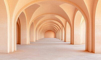 Serene Minimalist Architecture with Arched Ceilings and Warm Peach Tones in Spacious Hallway