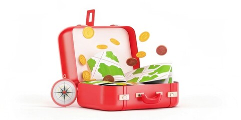 Fototapeta premium A vibrant red suitcase overflowing with money and maps, symbolizing adventure, travel, and financial planning.