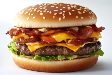 Delicious burger presenting melted cheese, bacon, lettuce and tomato on sesame bun
