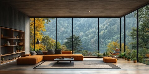 Modern living room design with expansive windows showcasing tranquil forest landscape contemporary...