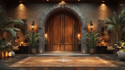 Fototapeta premium Arched wooden door, tropical plants, stone entryway.