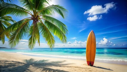 Surfer's Paradise: Vibrant Surfboard on Tropical Beach with Copy Space