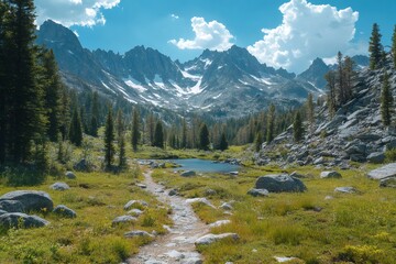 Obraz premium Hiking trail leading to stunning mountain lake in the wilderness