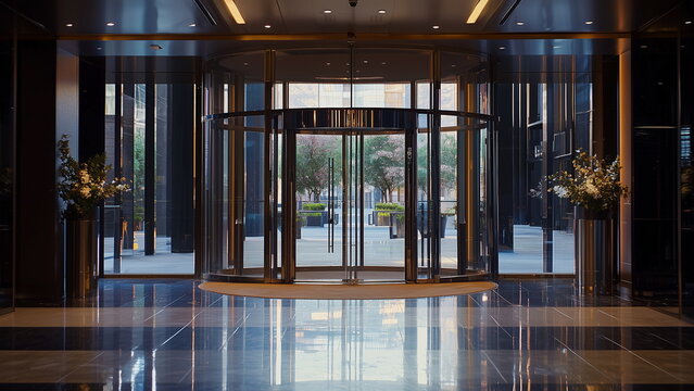 the grand main entrance glass door of a luxury 5 star hotel building