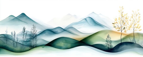 Serene Landscape Illustration Featuring Soft Mountains and Gentle Curves in Pastels