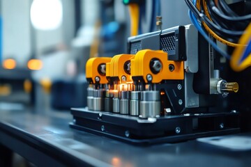 Automated industrial laser equipment processing metal components in factory