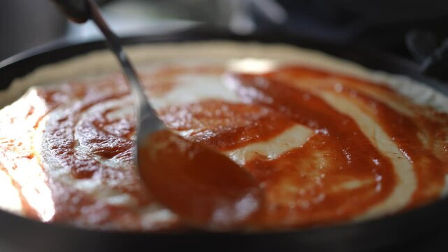 A detailed closeup image showcases a dosa base being topped with a flavorful and aromatic sauce in a warm kitchen
