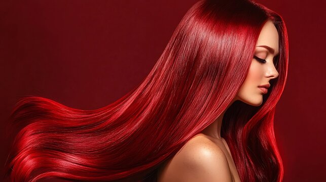 A woman with long red hair is shown with a red background