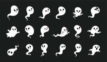 Cartoon cute Halloween ghosts lighting. Vector image of ghost, soul, spirit with glow on black dark background. Halloween, day of the dead, scary for kids