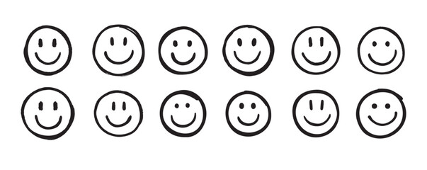 Smile face Doodle sketch style icon set. Smiling face hand drawn, happy emotion concept.