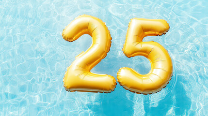 Golden inflatable numbers floating on blue pool water in a sunny setting
