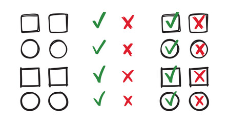 Check and cancel signs doodle icons. yes and no signs on circle and square hand drawn doodle signs. 