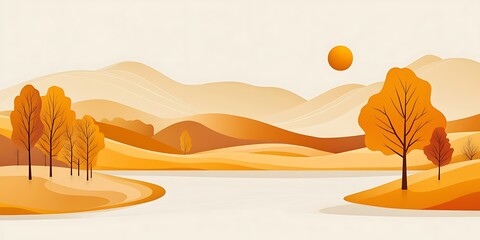 Autumnal landscape with lake, hills, and trees under a setting sun.